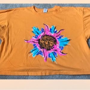 Vintage Vtg 90's Danskin T Shirt Crop Top Tee Bright Orange Ball Burst Pink Gree